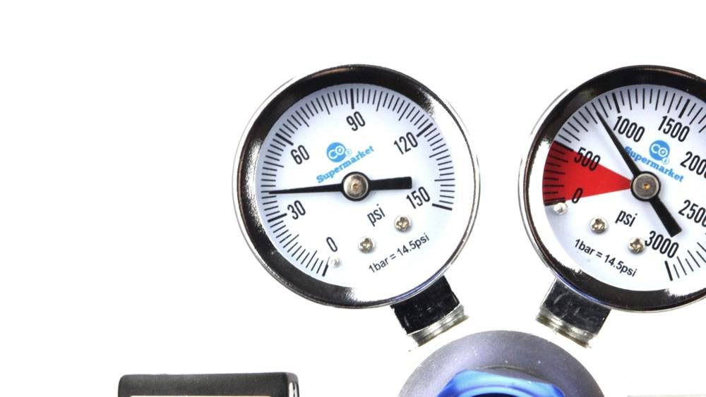 Pressure guages of the dual stage regulator.