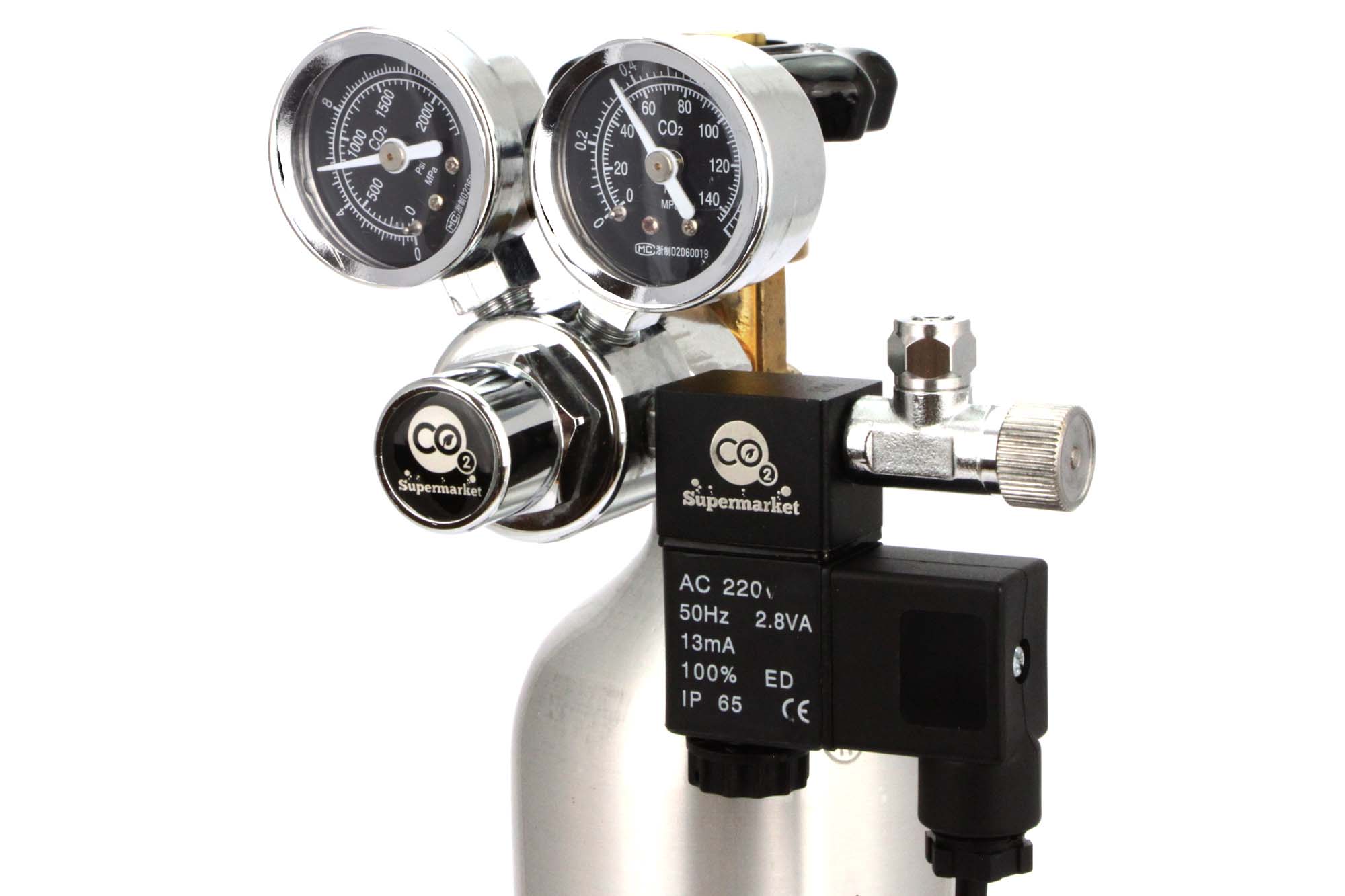 CO2 Regulator With Solenoid & Dual Gauges For Horizontal Cylinder